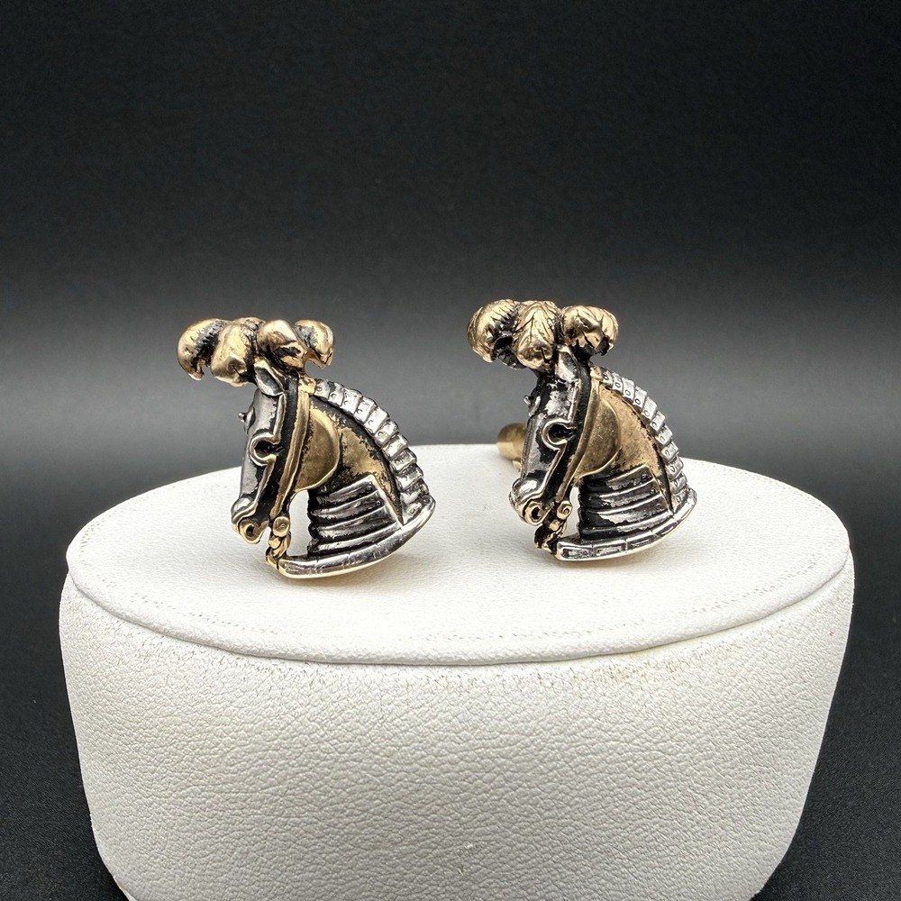 Vintage Two Tone Bullet Back Horse Head Cufflinks Equestrian Knight Chess Piece